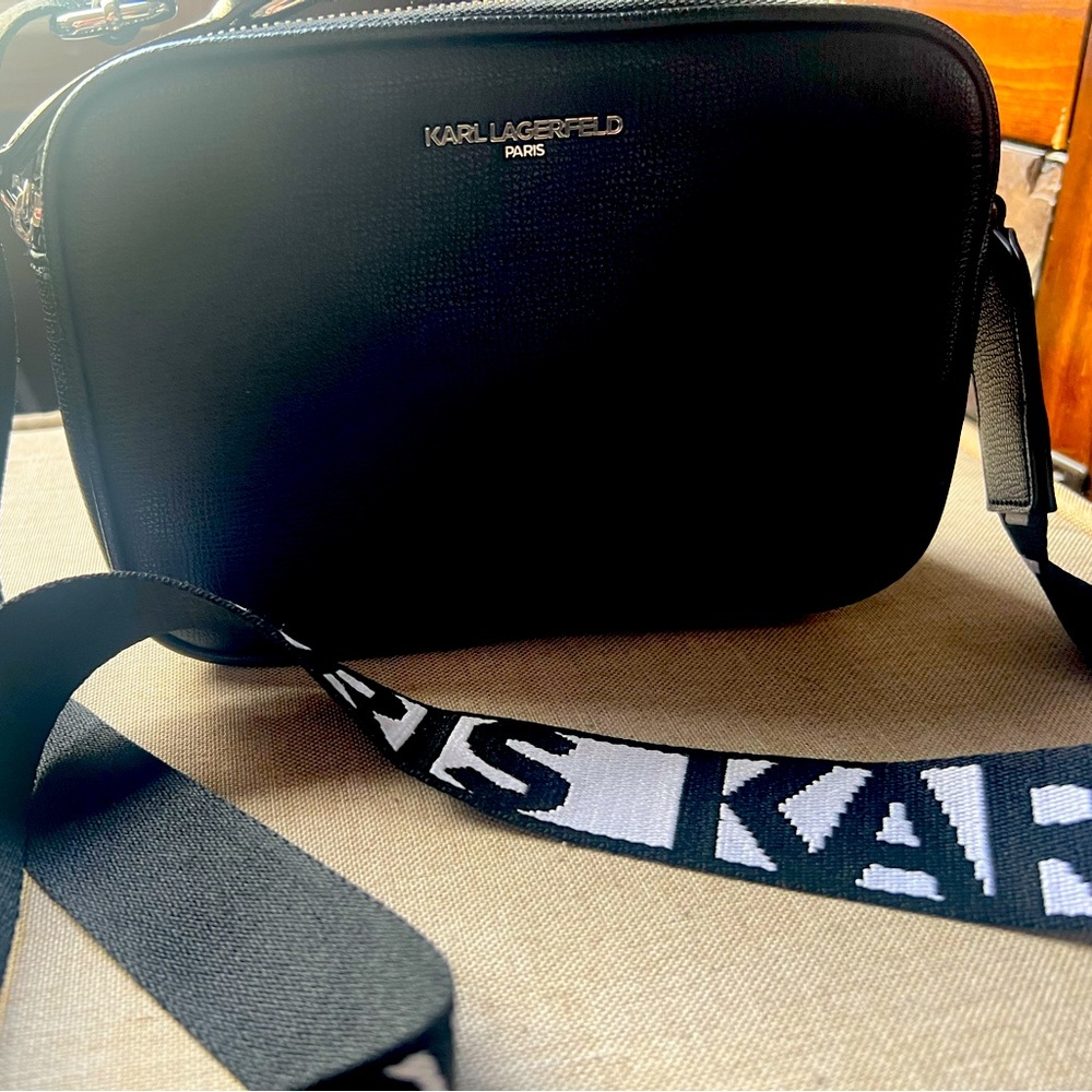 Karl Lagerfeld Black Crossbody Camera Bag with Branded Strap